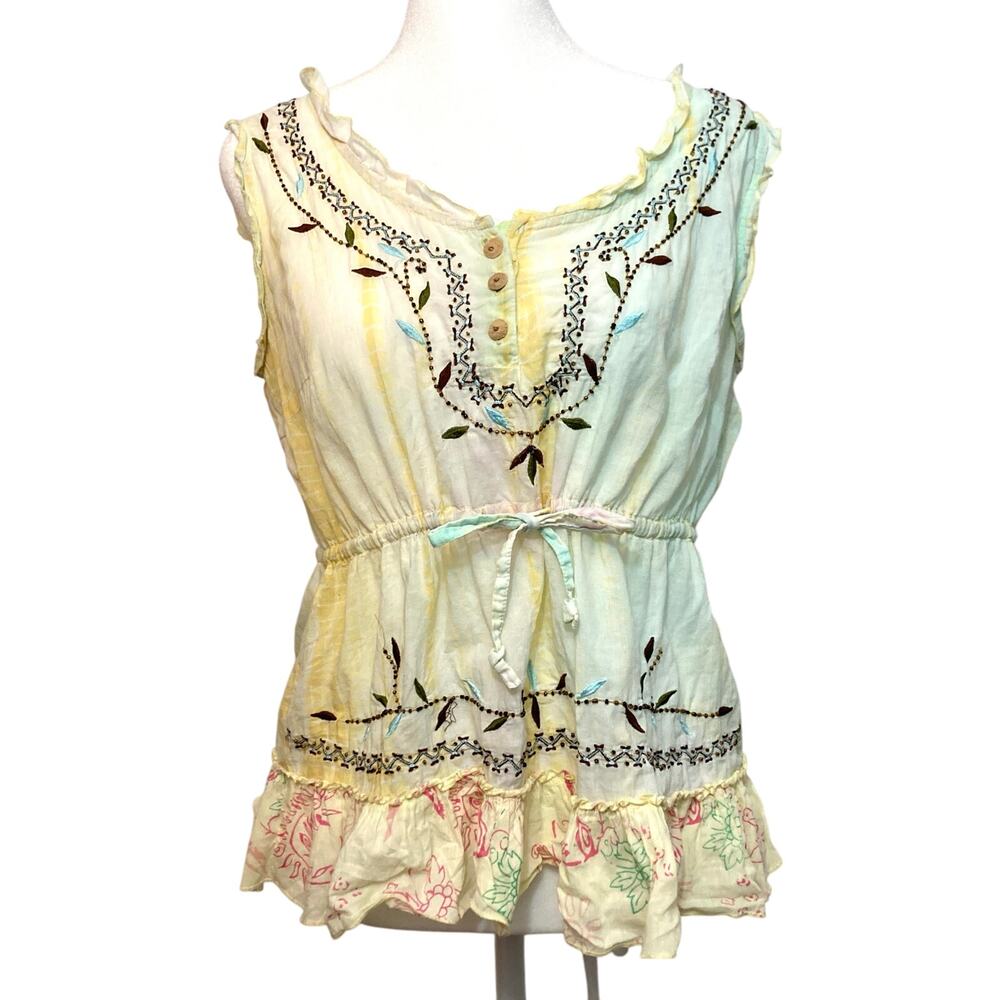 Vintage Y2K Tokyo Denim Yellow Silk Hippie Embroider Bead Tank Blouse Top Medium